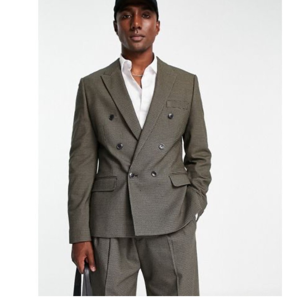 ASOS DESIGN skinny double breasted suit jacket in khaki green texture